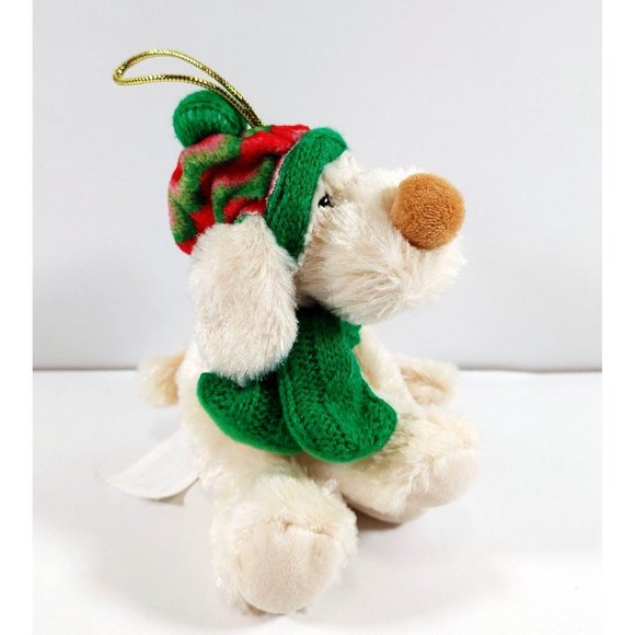 Hugfun Christmas Dog Plush Ornament Beige w/Green Red Hat Scarf 6" - Picture 2 of 4